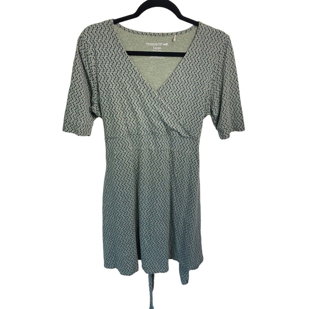 Toad & Co Faux Wrap Dress Belted Size Large Organic‎ Blend Pockets